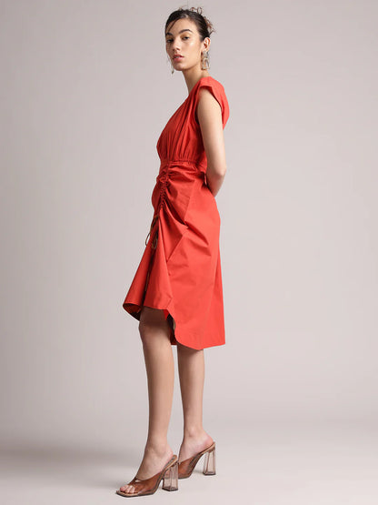 Rust Poplin Solid Ruching Style Dress