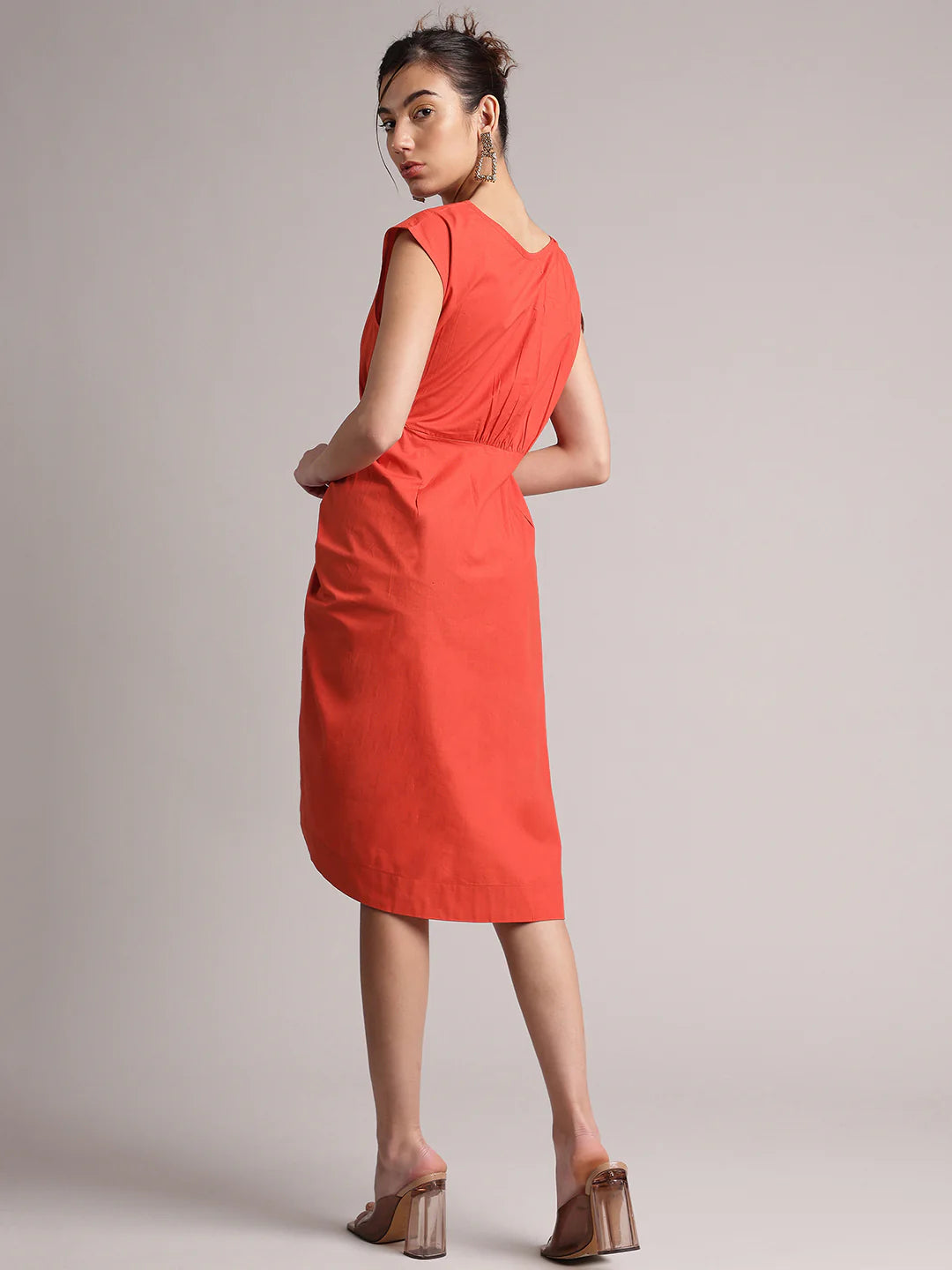 Rust Poplin Solid Ruching Style Dress