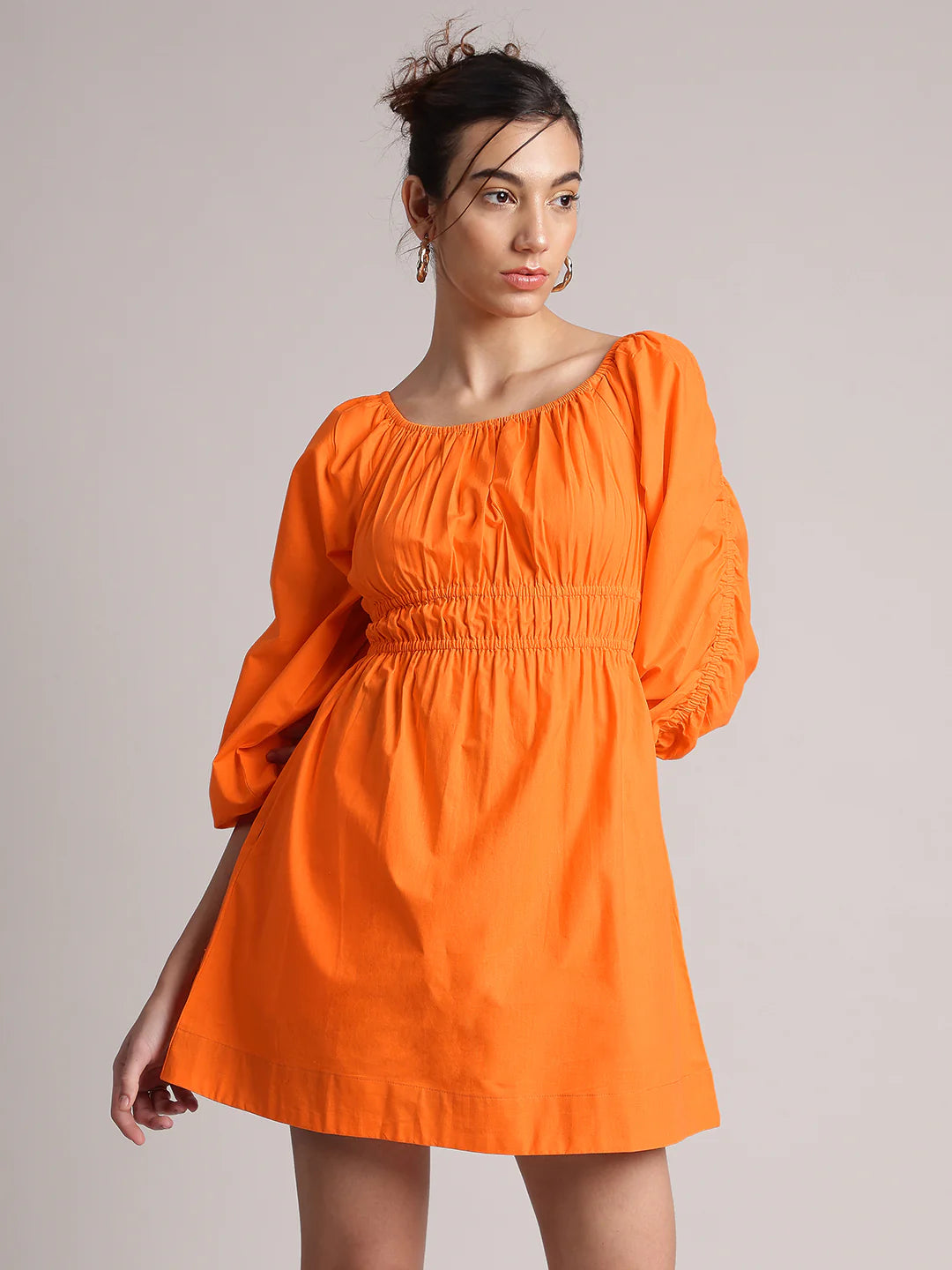 Orange Poplin Solid Fit & Flare Dress