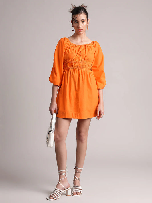 Orange Poplin Solid Fit & Flare Dress