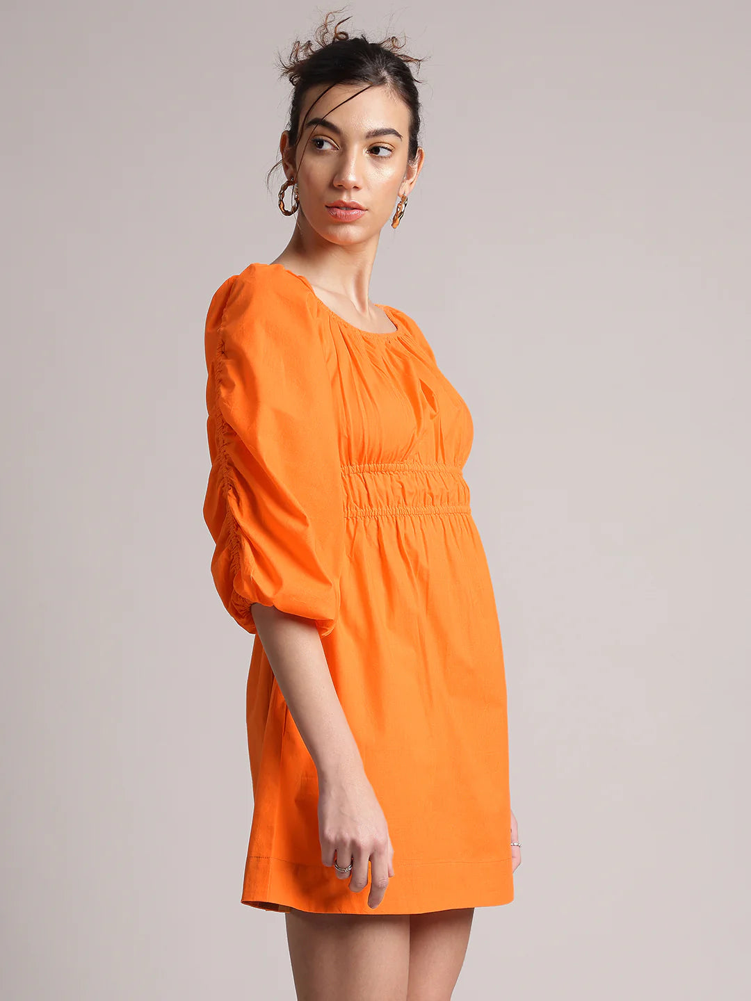 Orange Poplin Solid Fit & Flare Dress