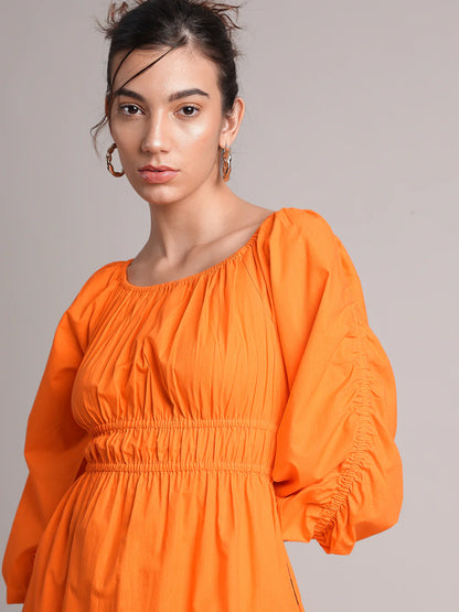 Orange Poplin Solid Fit & Flare Dress