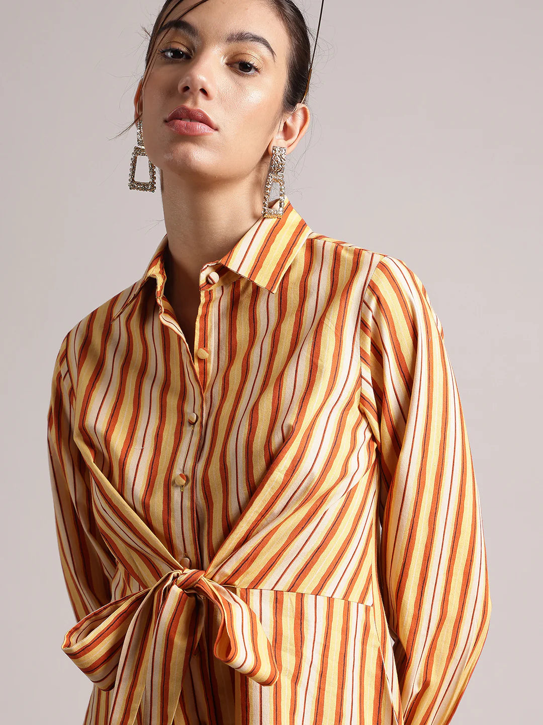 Yellow Cotton Striped Shirt Style Front Tie-Up Dress