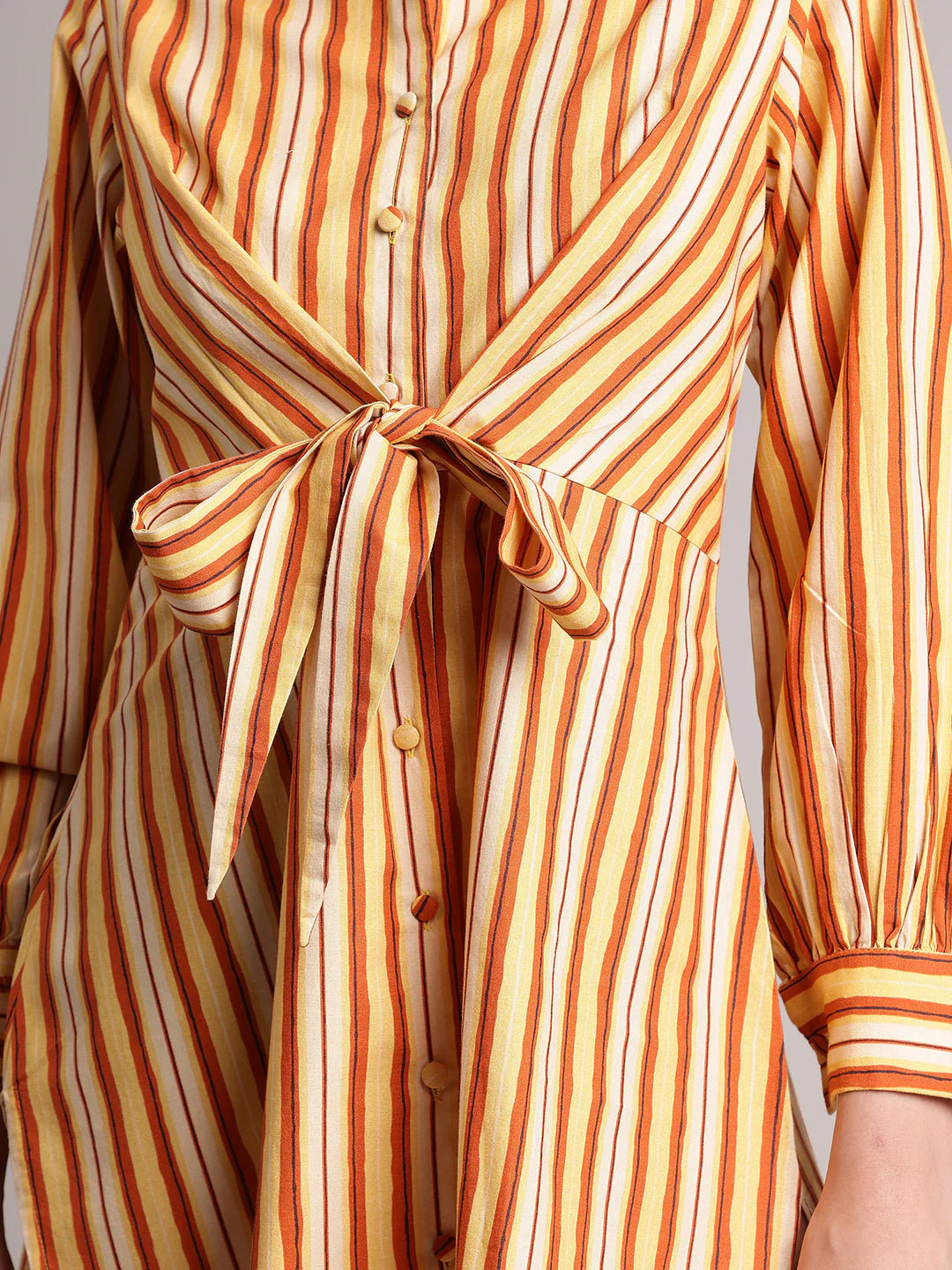 Yellow Cotton Striped Shirt Style Front Tie-Up Dress