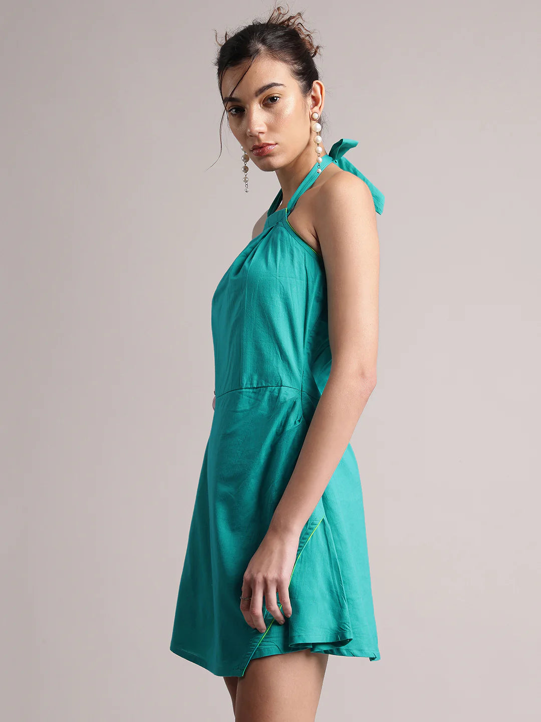 Aqua Solid Halter Neck Tie-Up Wrap Dress