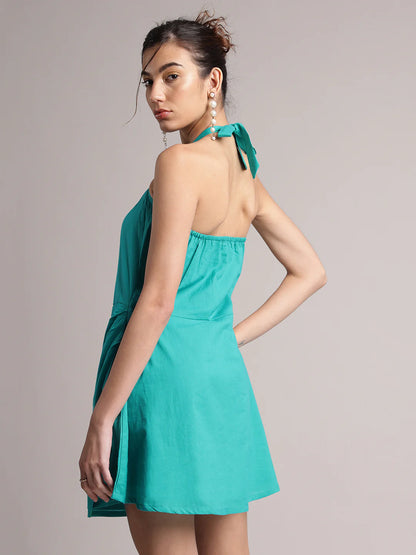 Aqua Solid Halter Neck Tie-Up Wrap Dress