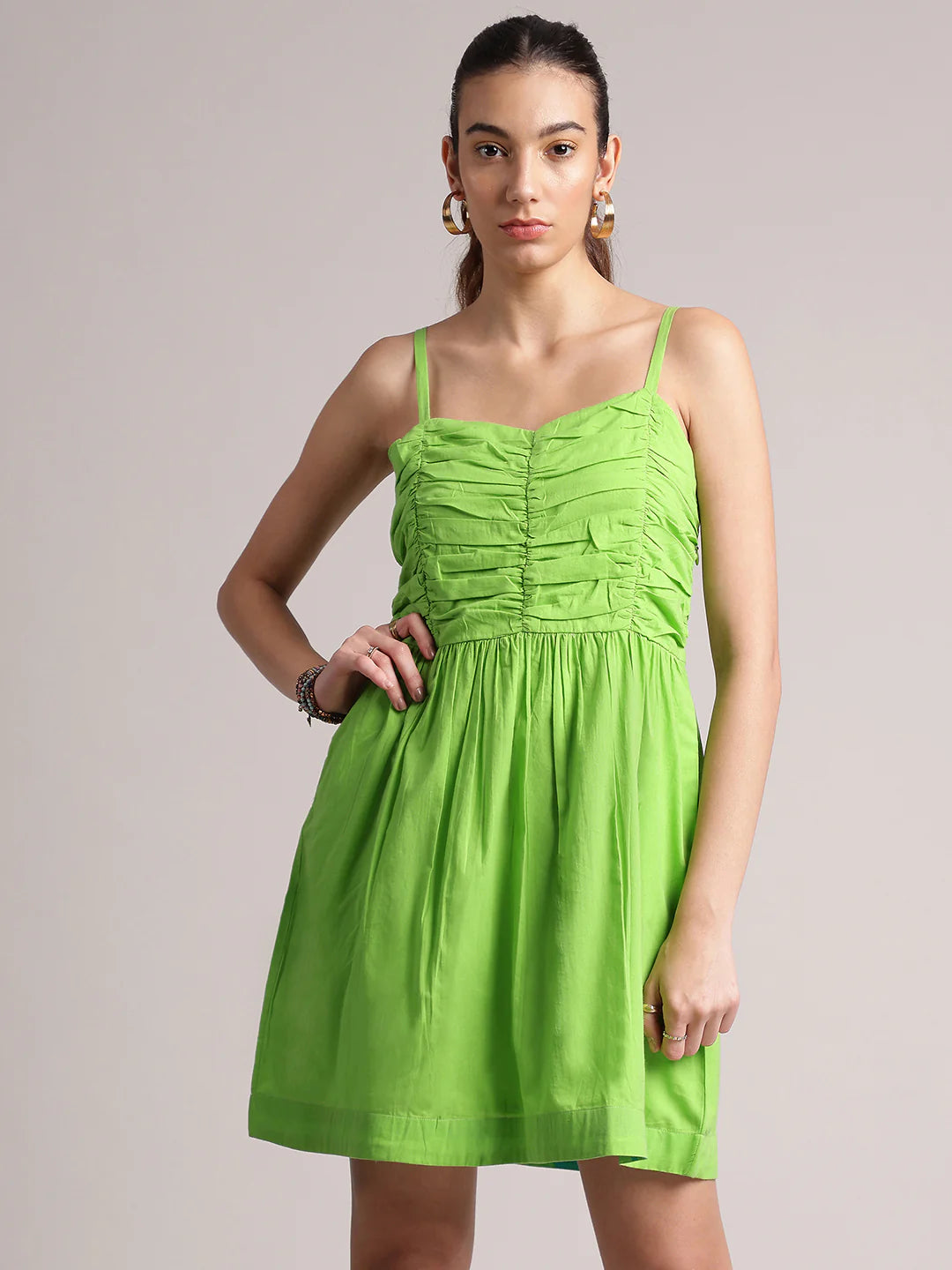 Lime Cotton Solid Fit & Flare Dress