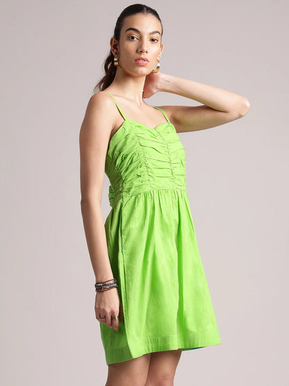 Lime Cotton Solid Fit & Flare Dress