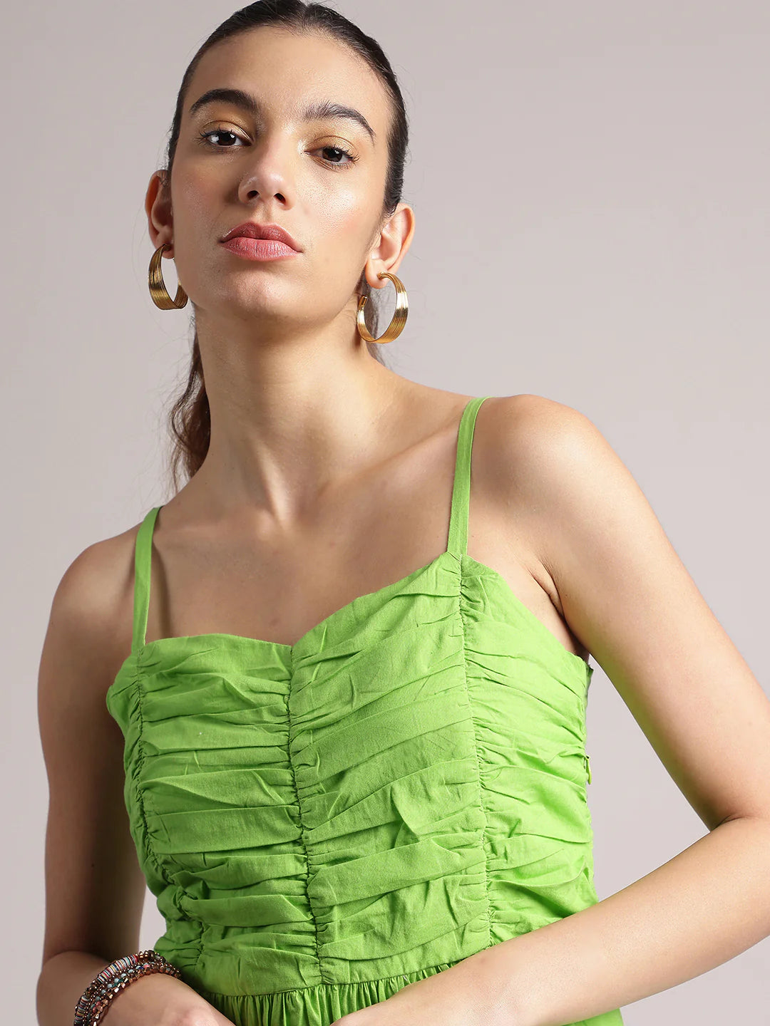 Lime Cotton Solid Fit & Flare Dress