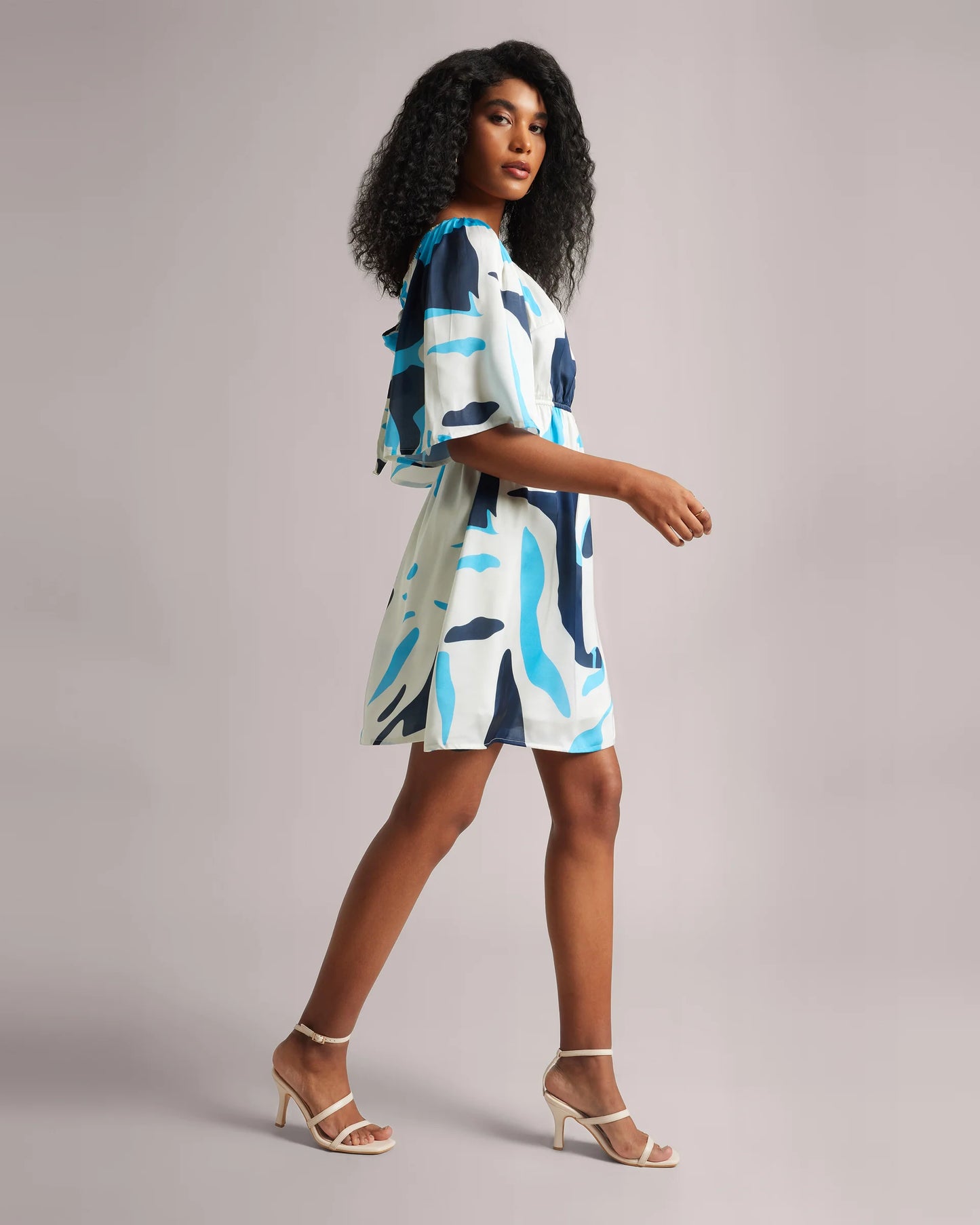 White and Blue Fit and Flare Dress With Back Tie-Up