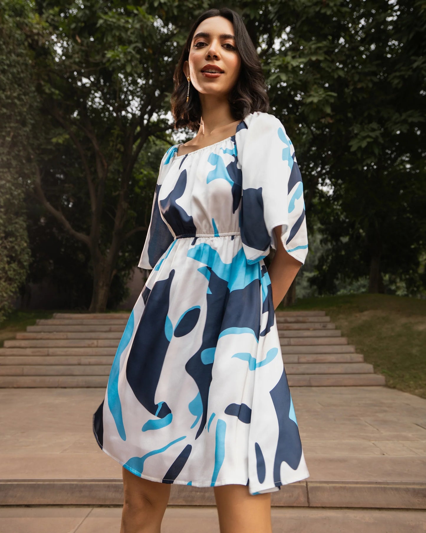 White and Blue Fit and Flare Dress With Back Tie-Up