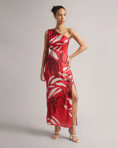 Crimson Red One-Shoulder Cut-Out Maxi Dress