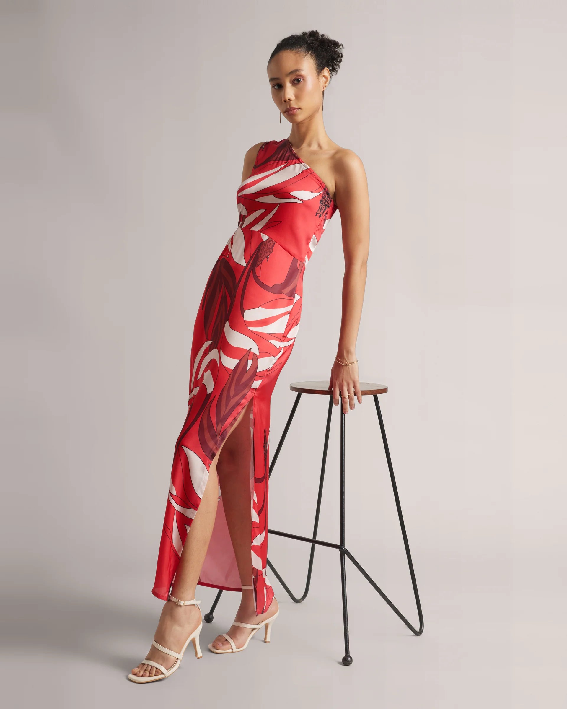 Crimson Red One-Shoulder Cut-Out Maxi Dress