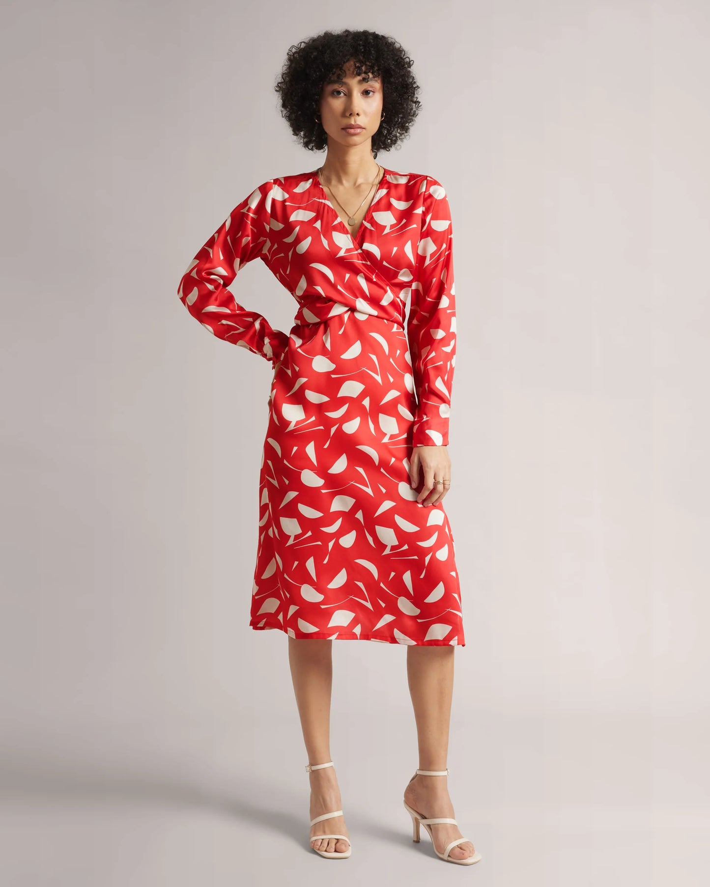 Red Abstract Print Wrap Dress With Side Slit