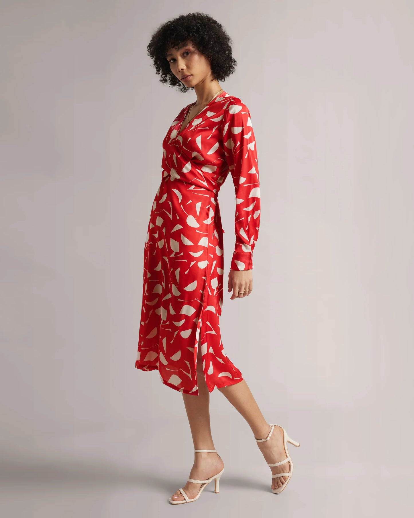 Red Abstract Print Wrap Dress With Side Slit