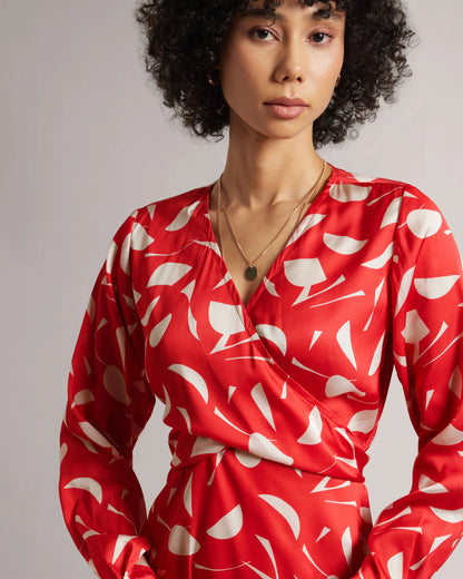 Red Abstract Print Wrap Dress With Side Slit