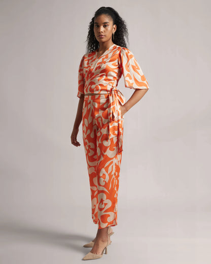 Abstract Print Orange Co-Ord Set with Side Tie-Up