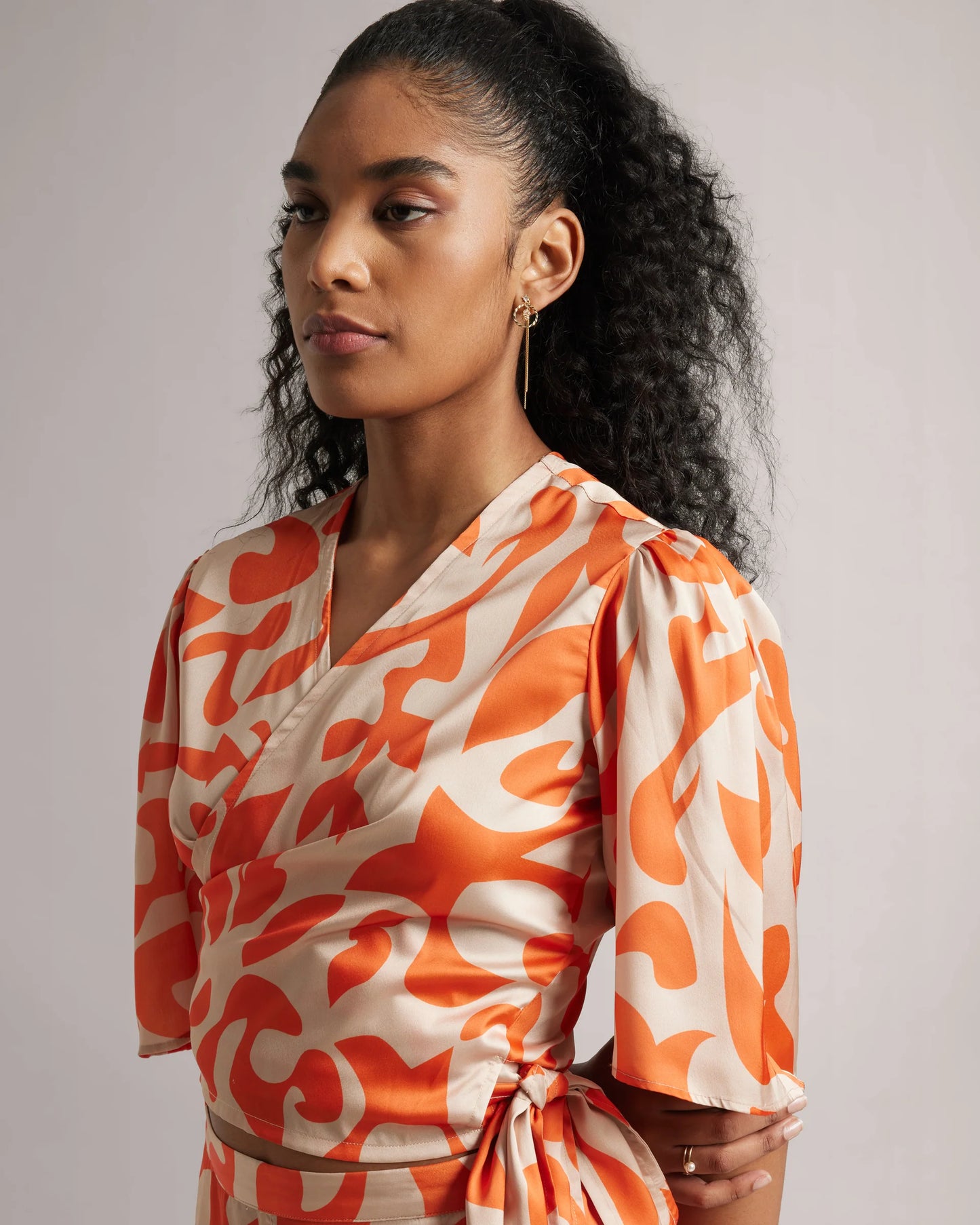 Abstract Print Orange Co-Ord Set with Side Tie-Up