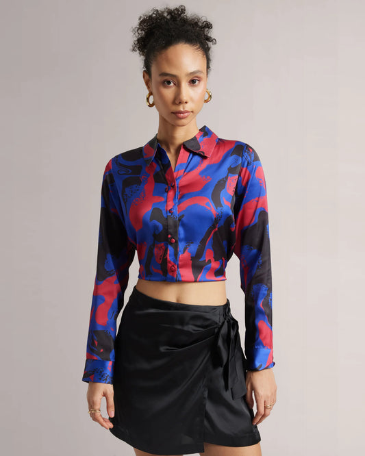 Royal Blue Button Down Crop Print Shirt