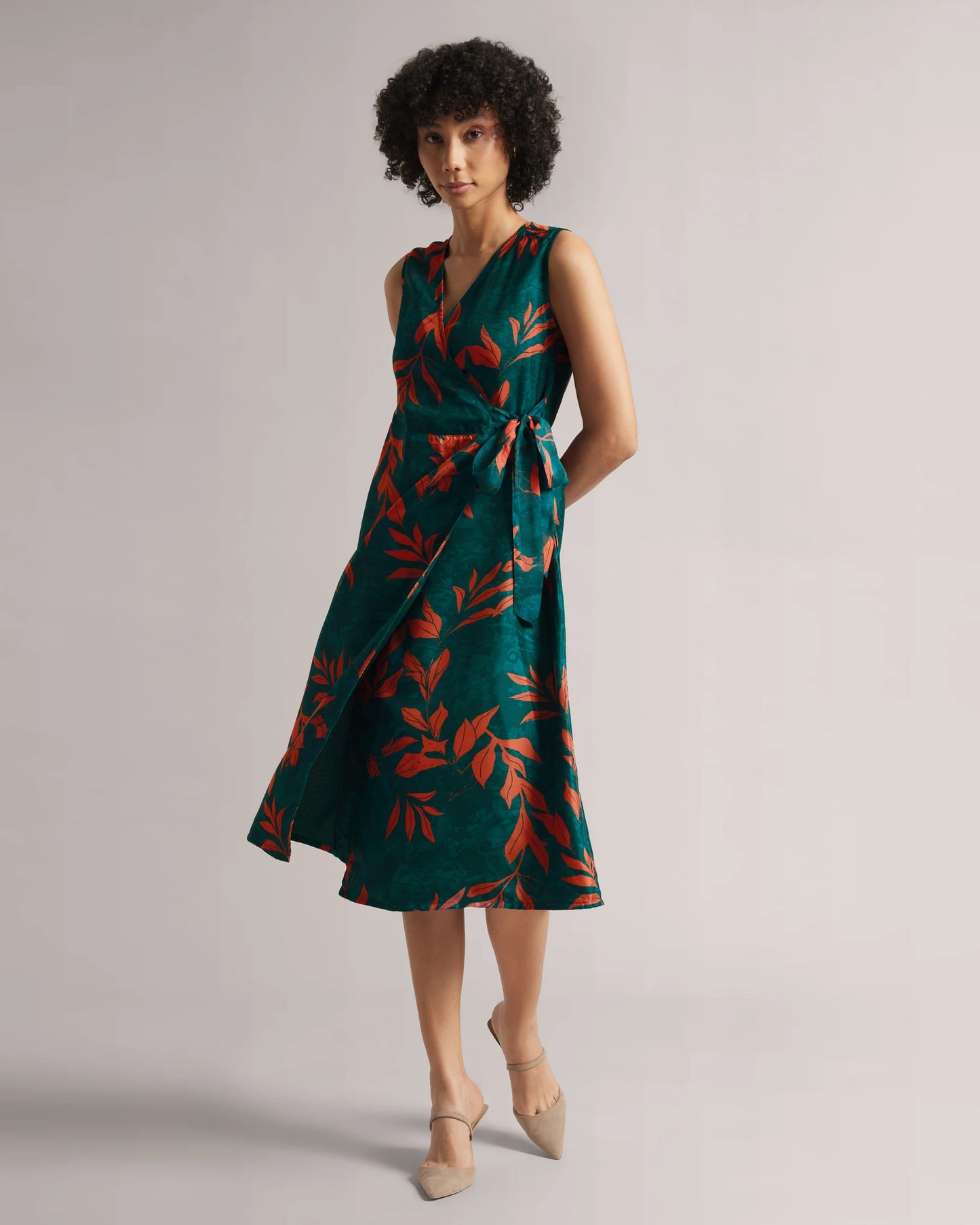 Dark Teal Floral Wrap Midi Dress