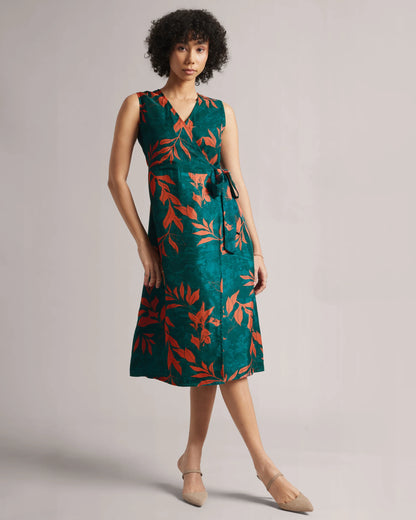 Dark Teal Floral Wrap Midi Dress