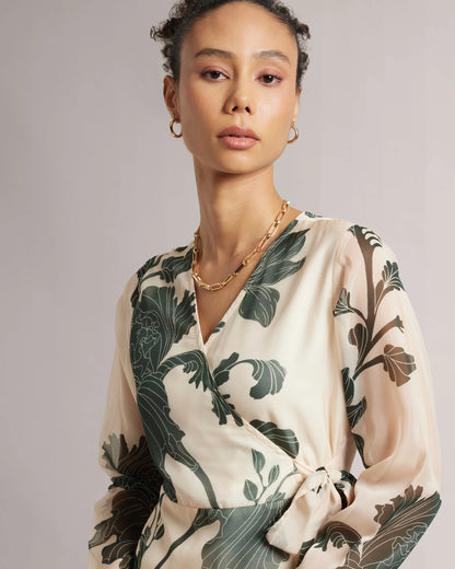 Cream Wrap Dress With Green Floral Print