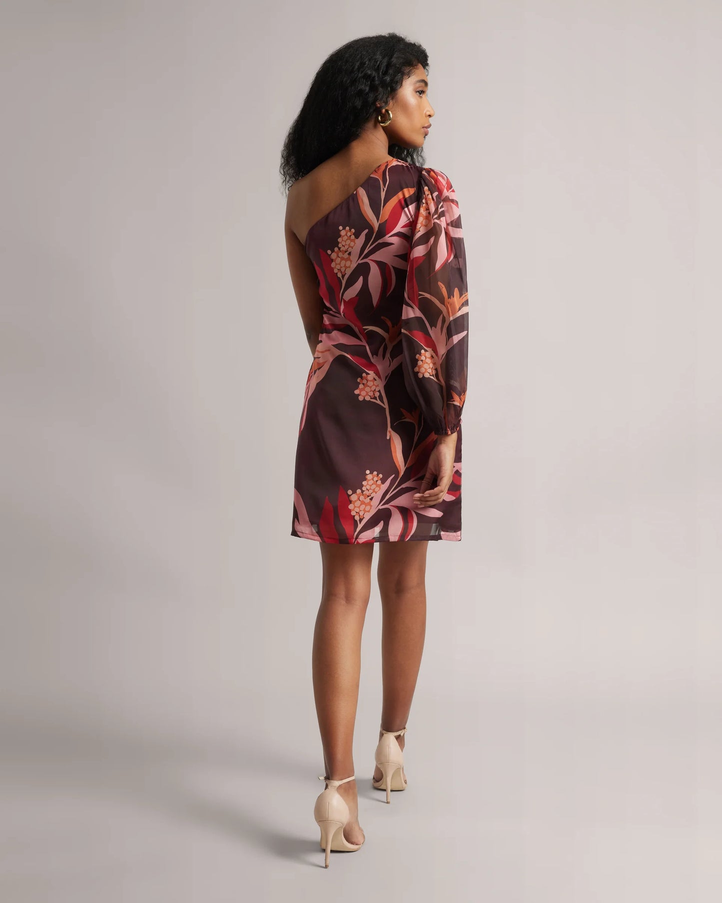 Chestnut Maroon One Shoulder Floral A-Line Dress