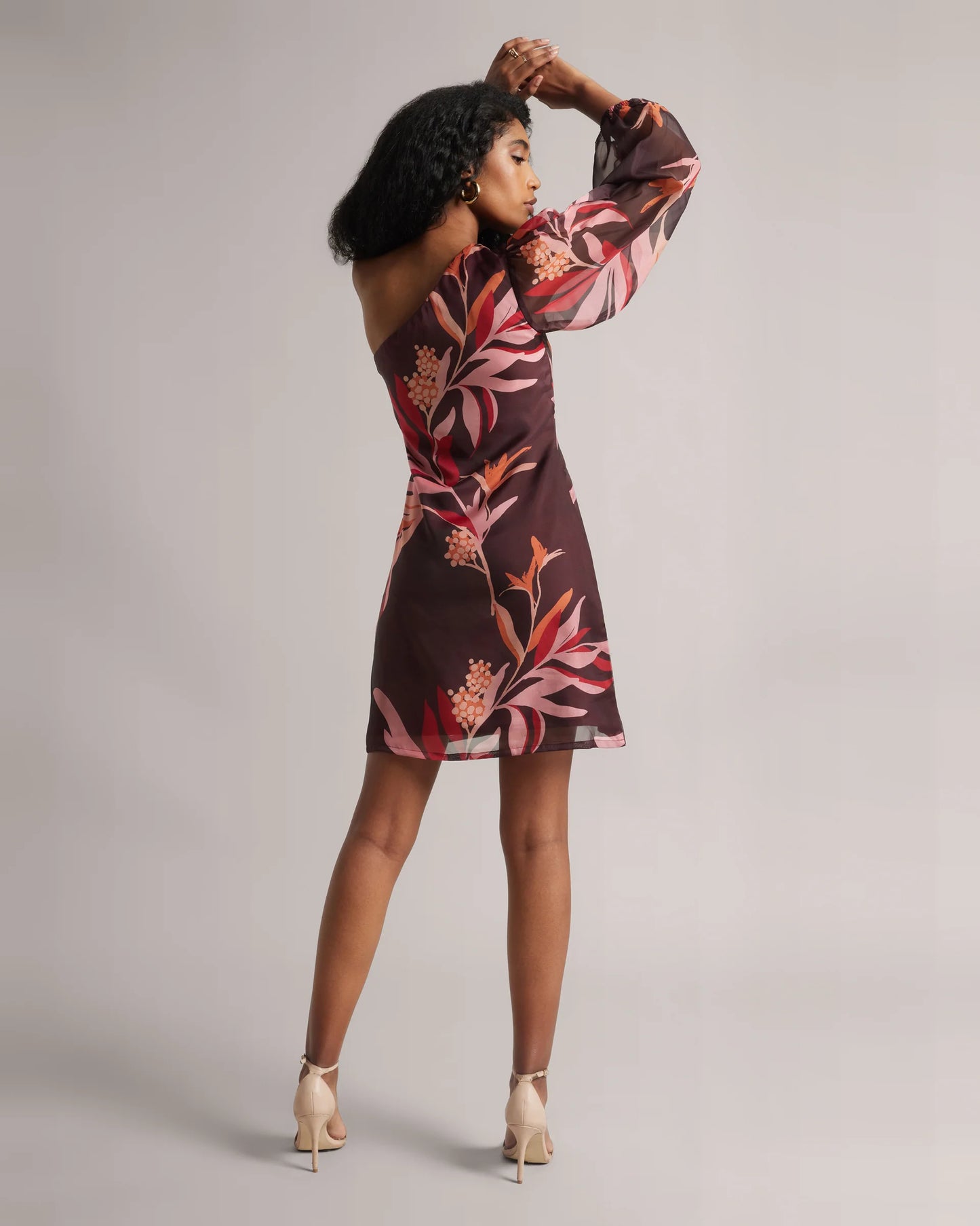 Chestnut Maroon One Shoulder Floral A-Line Dress