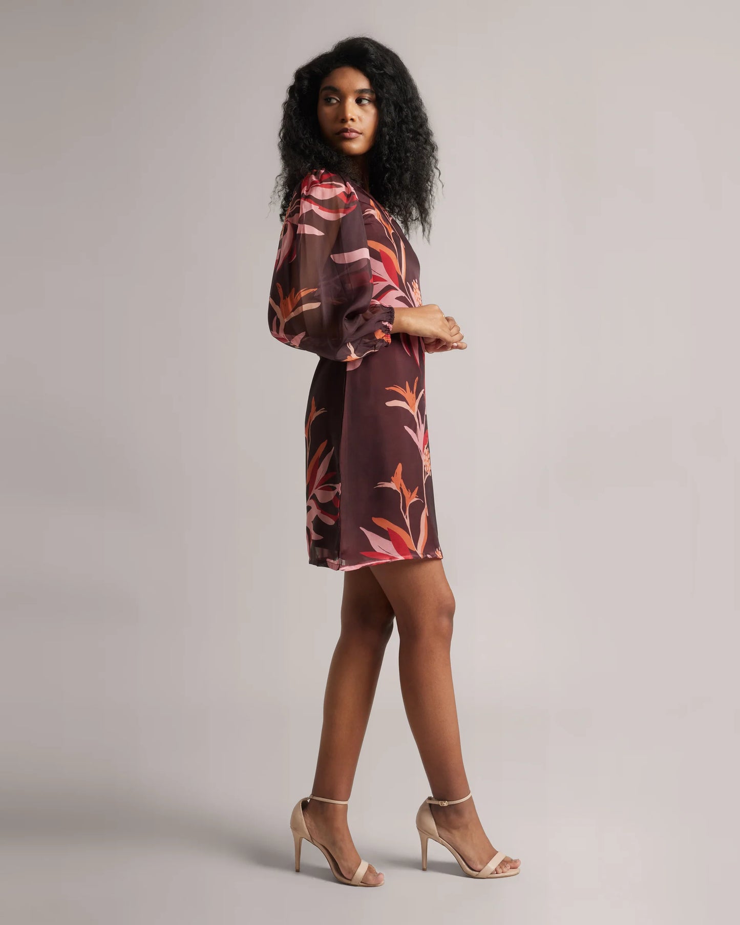 Chestnut Maroon One Shoulder Floral A-Line Dress