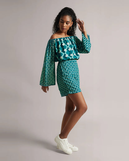 Teal Off-Shoulder Geometric Co-Ord Set