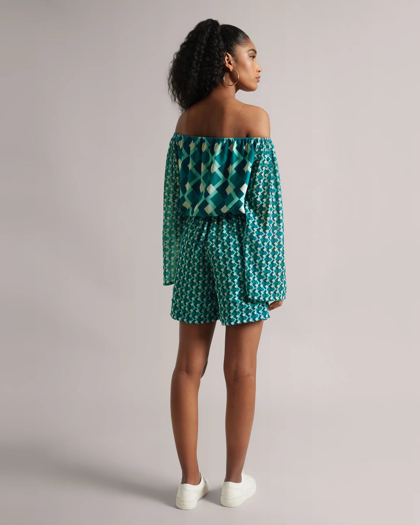 Teal Off-Shoulder Geometric Co-Ord Set