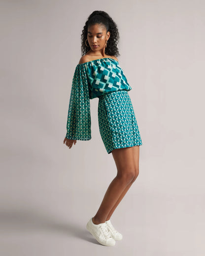 Teal Off-Shoulder Geometric Co-Ord Set