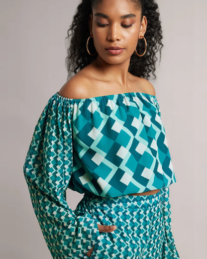 Teal Off-Shoulder Geometric Co-Ord Set