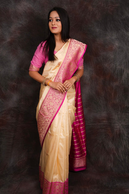 banarasi cream pure silk saree with kadwa work nieshfashion