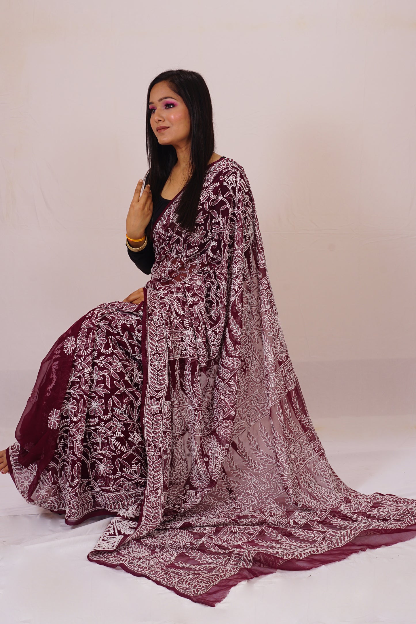 Lucknow Red Wine Chickenkari Saree nieshfashion