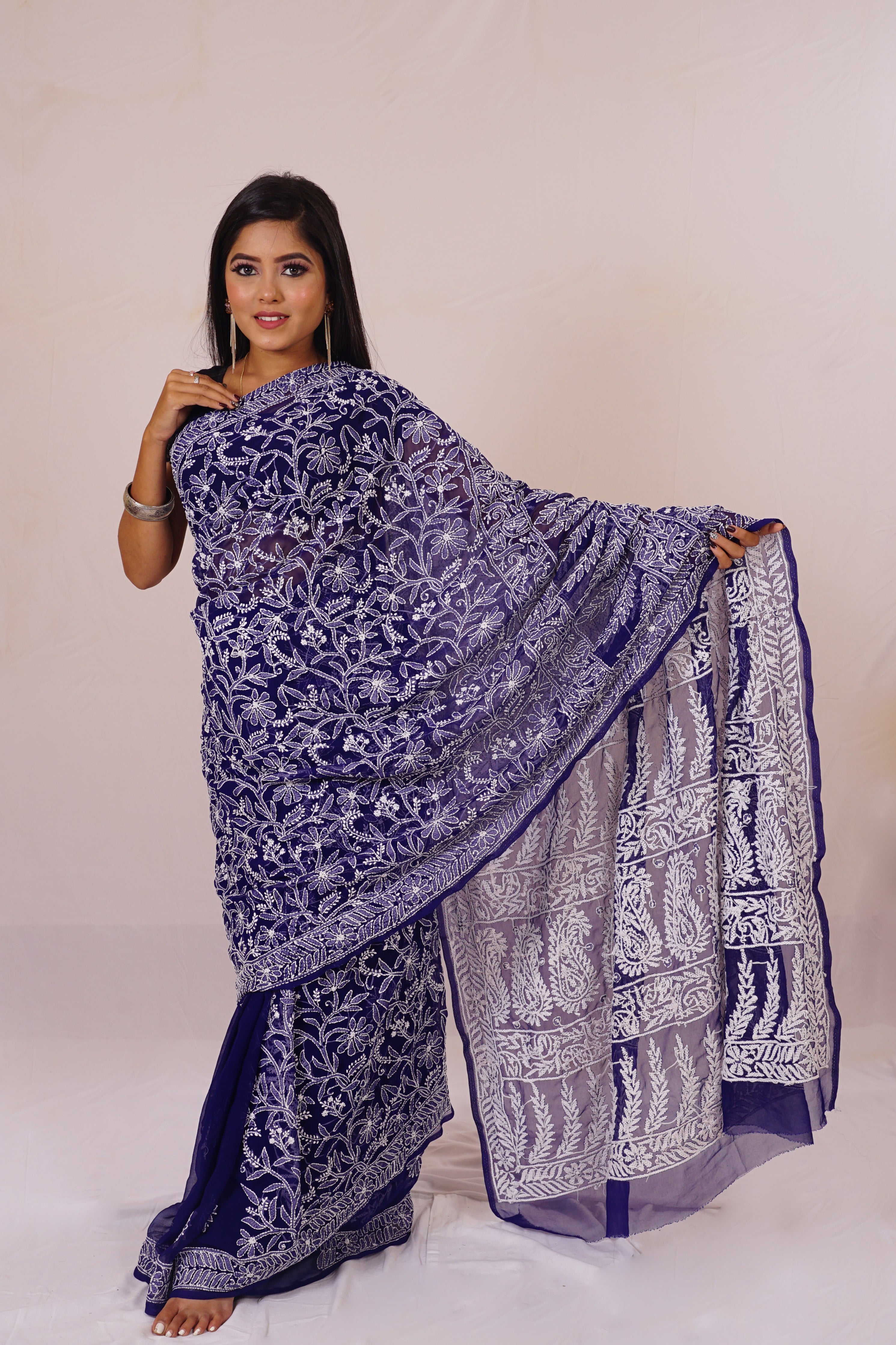 Royal Blue Colour Kashida Work Saree With Wonderful Designing On