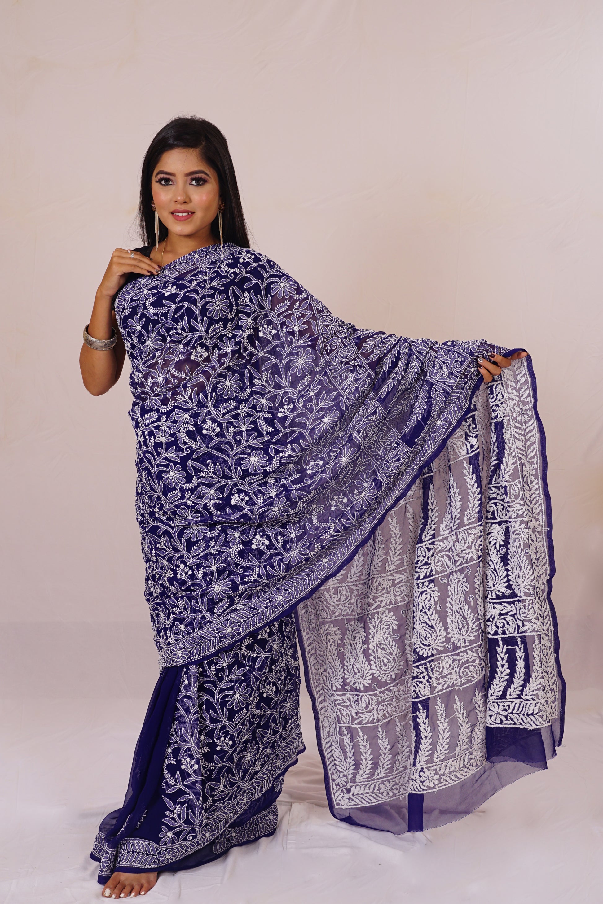 Chickenkari Blue Mukesh Work Saree nieshfashion