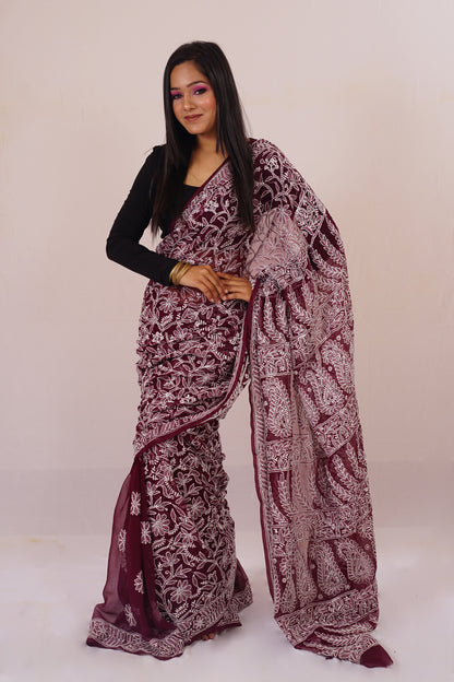 Lucknow Red Wine Chickenkari Saree nieshfashion