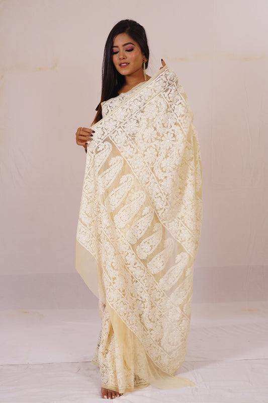 Chickenkari Light Yellow Lenhga saree nieshfashion