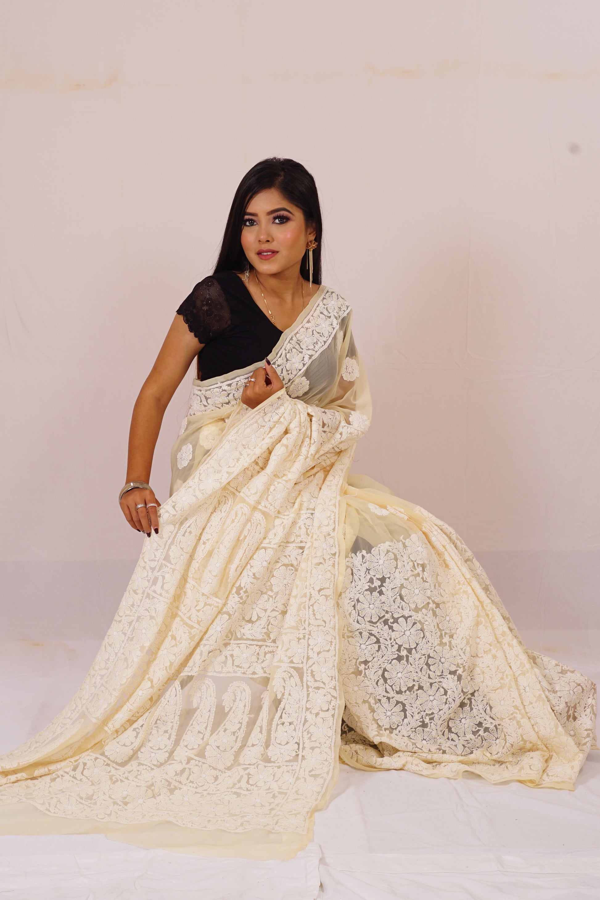 Chickenkari Light Yellow Lenhga saree nieshfashion