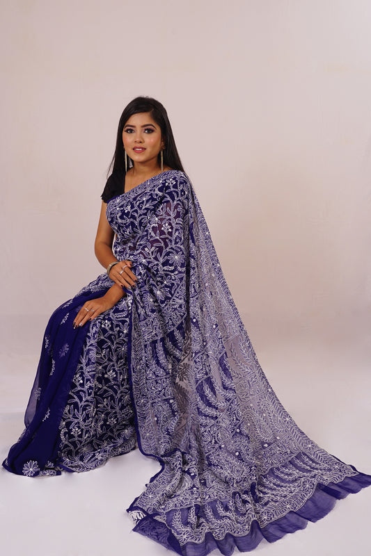 Chickenkari Blue Mukesh Work Saree nieshfashion