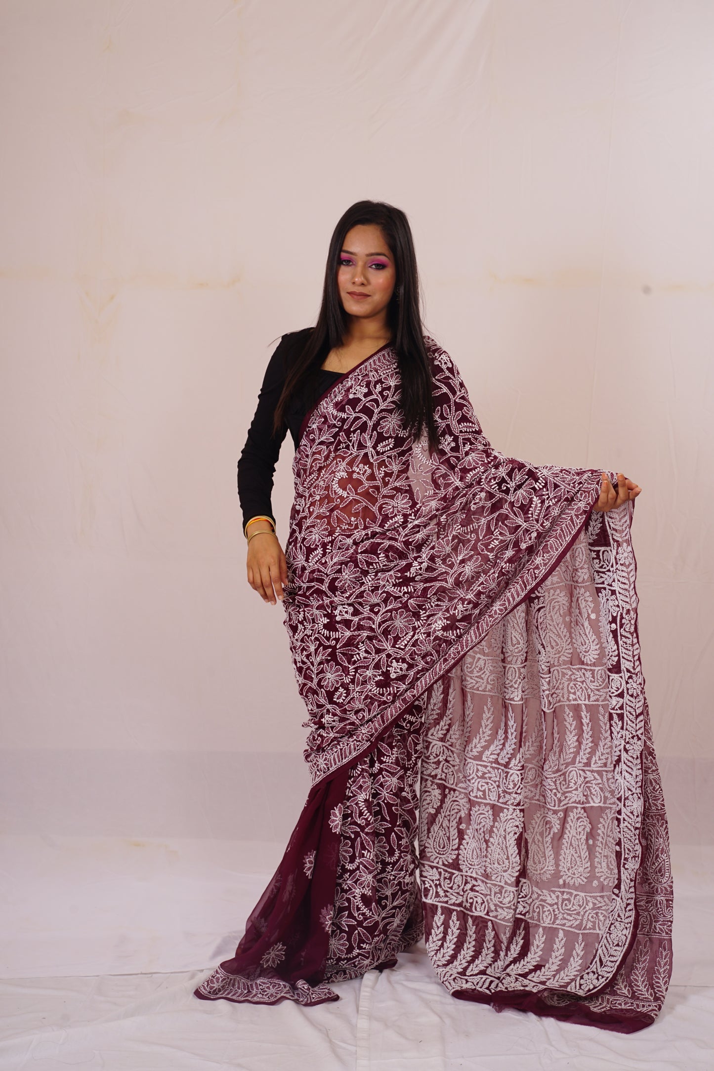 Lucknow Red Wine Chickenkari Saree nieshfashion