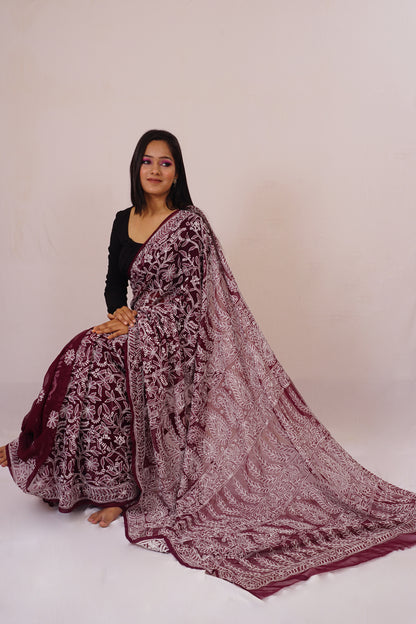 Lucknow Red Wine Chickenkari Saree nieshfashion