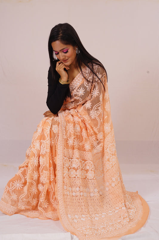 Chickenkari orange full jaal saree nieshfashion