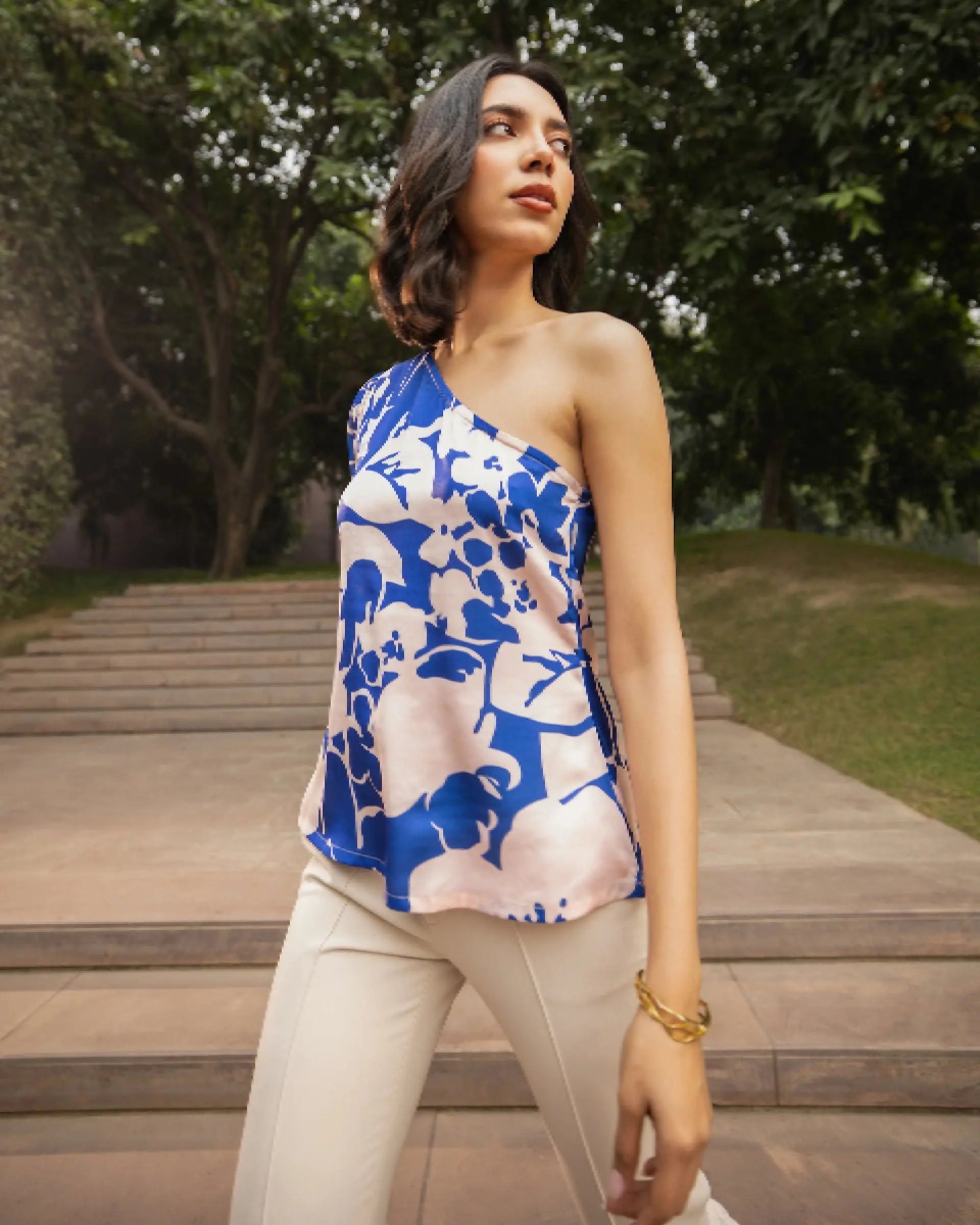 Royal Blue Abstract One-Shoulder A-Line Top